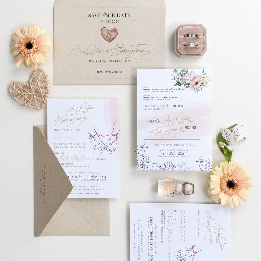 Thiệp Cưới Duyên Định Sợi Chỉ Đỏ & Giấy ánh kim trên nền Kraft Mộc Mạc - TL-C035