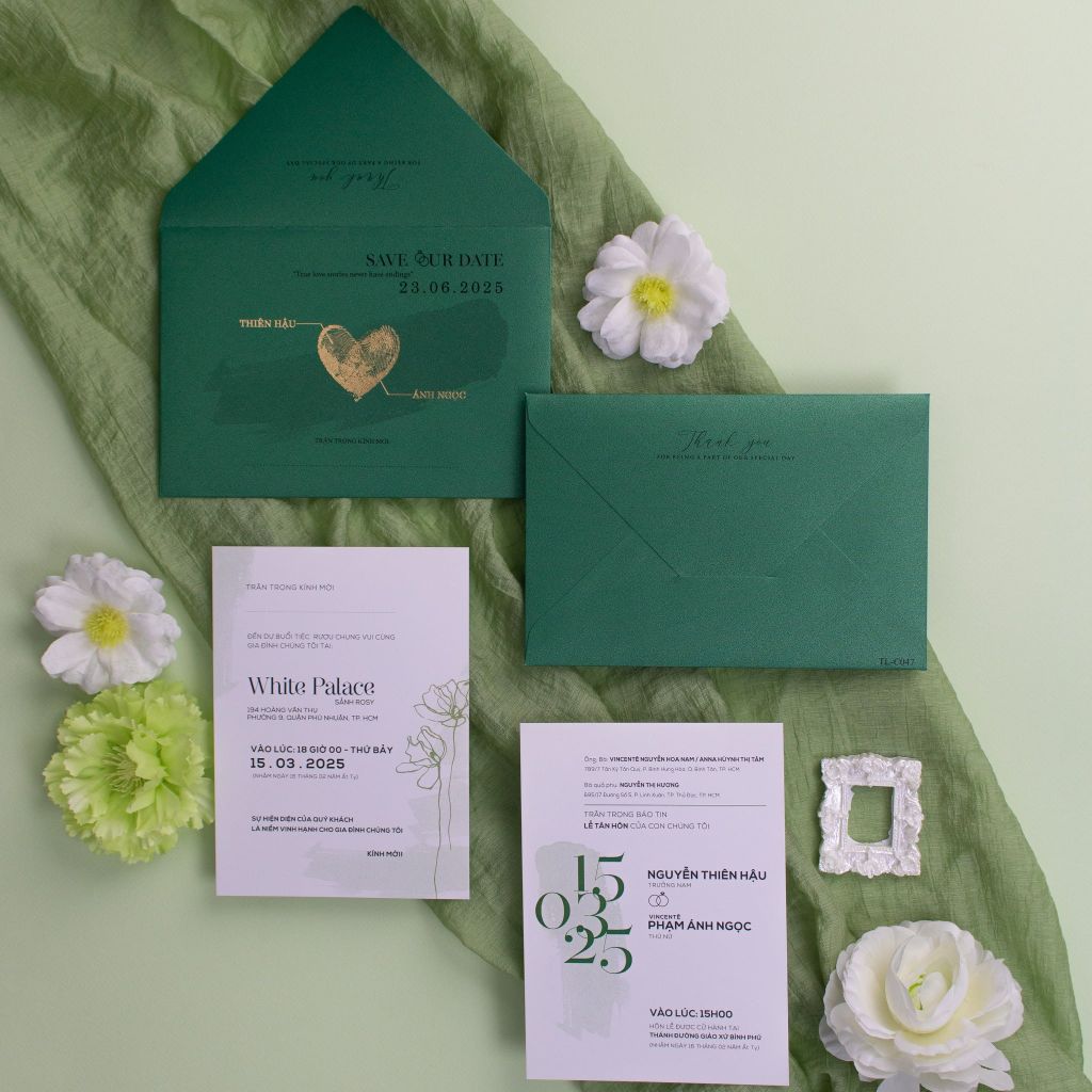 Thiệp Cưới Emerald Green Dấu Ấn Vân Tay Ép Kim Gắn Kết Vĩnh Cửu - TL-C047