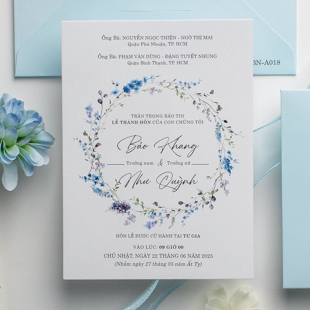 Thiệp cưới hoa cỏ tone xanh Pastel dịu mát - BN-A018