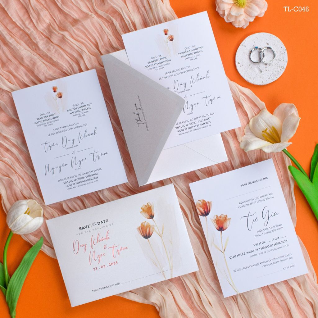 Thiệp Cưới Sắc Hoa Tulip Cam Nét Hiện Đại Đầy Kiêu Sa - TL-C046