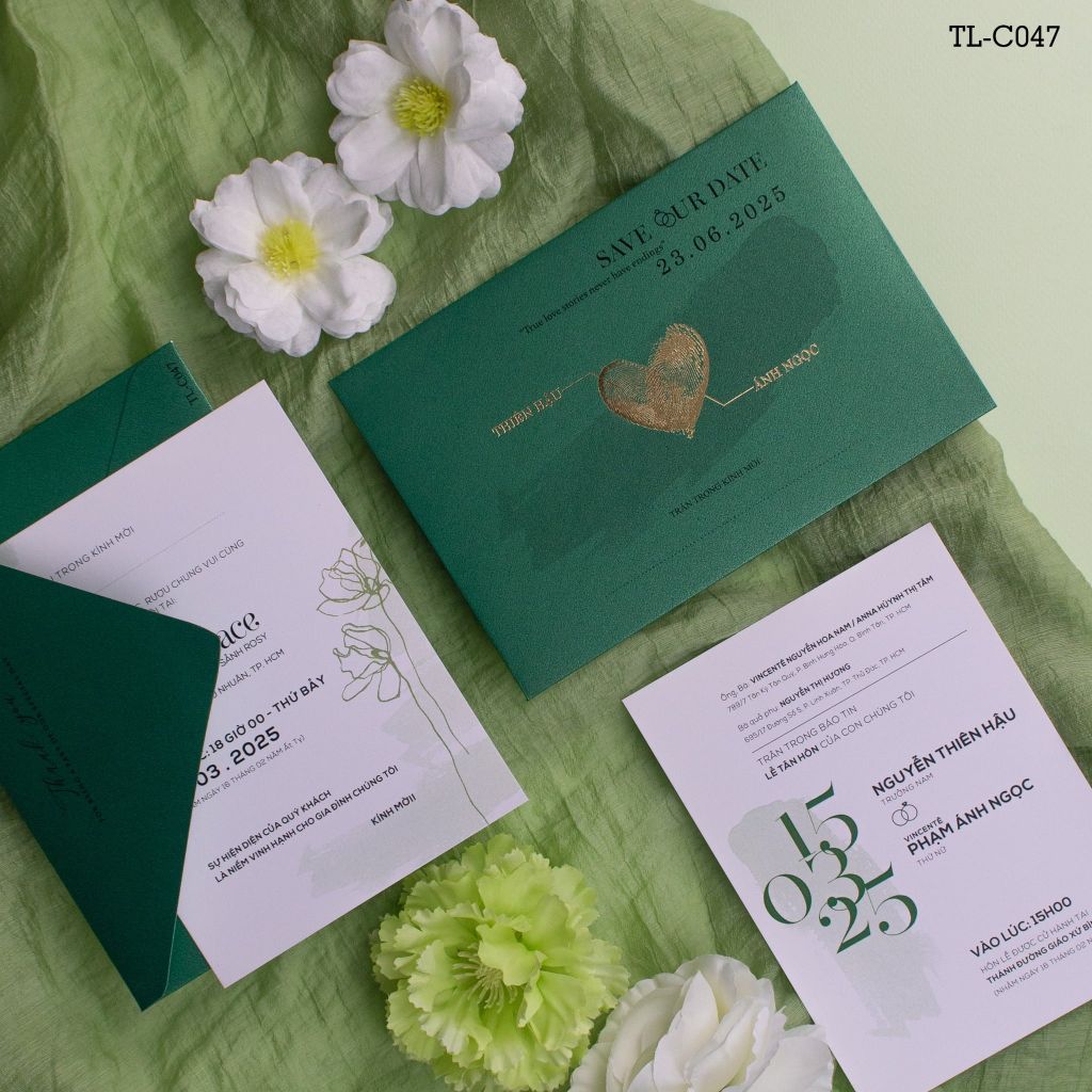 Thiệp Cưới Emerald Green Dấu Ấn Vân Tay Ép Kim Gắn Kết Vĩnh Cửu - TL-C047