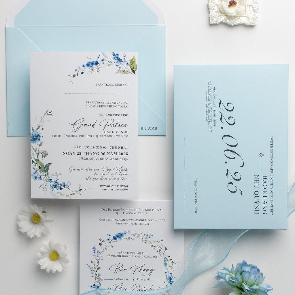 Thiệp cưới hoa cỏ tone xanh Pastel dịu mát - BN-A018