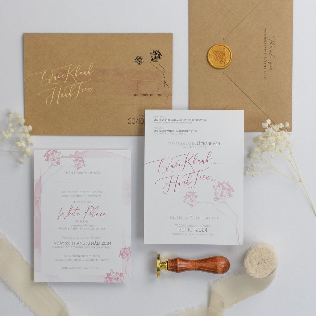 Thiệp Cưới Giấy Kraft Rustic Chạm Nhẹ Sắc Hồng - TL-C002