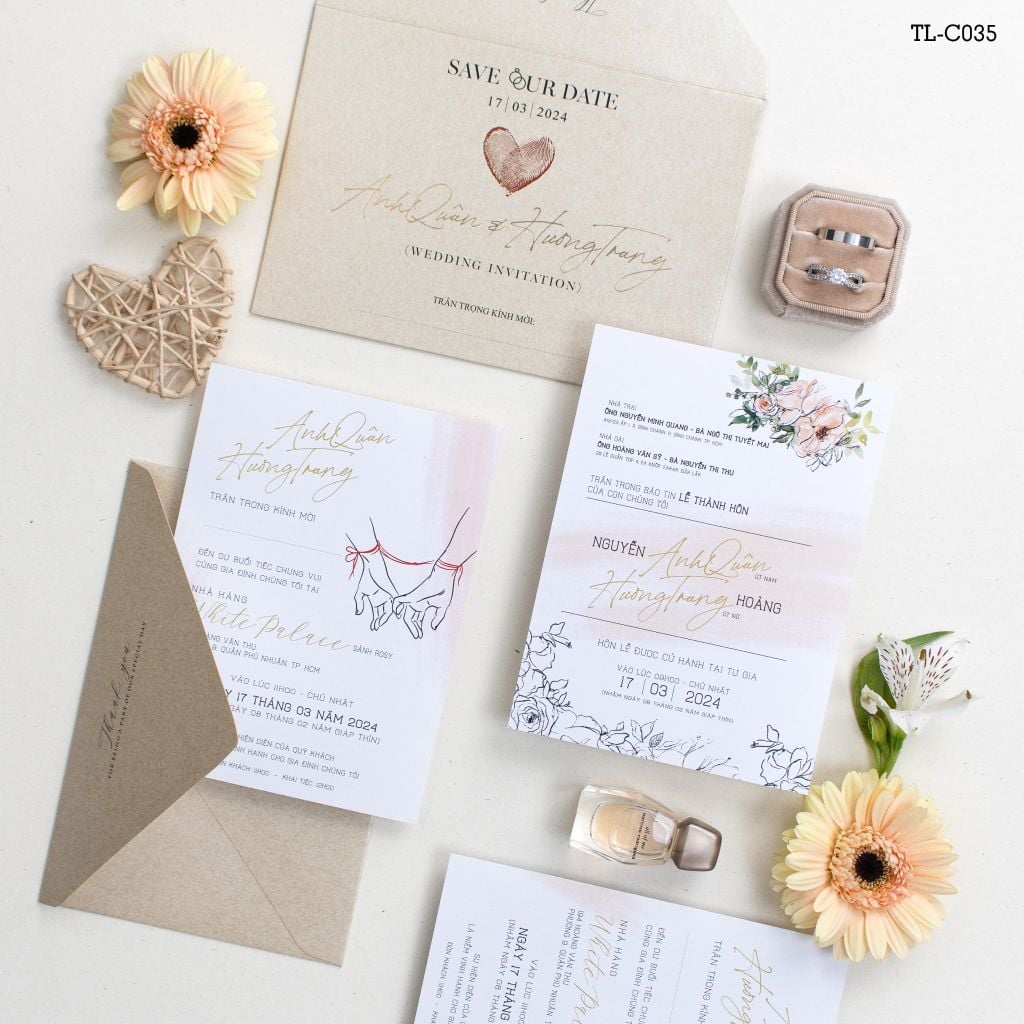 Thiệp Cưới Duyên Định Sợi Chỉ Đỏ & Giấy ánh kim trên nền Kraft Mộc Mạc - TL-C035