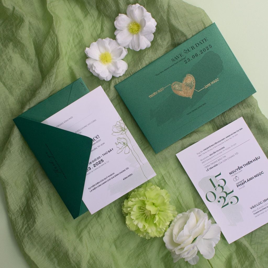 Thiệp Cưới Emerald Green Dấu Ấn Vân Tay Ép Kim Gắn Kết Vĩnh Cửu - TL-C047