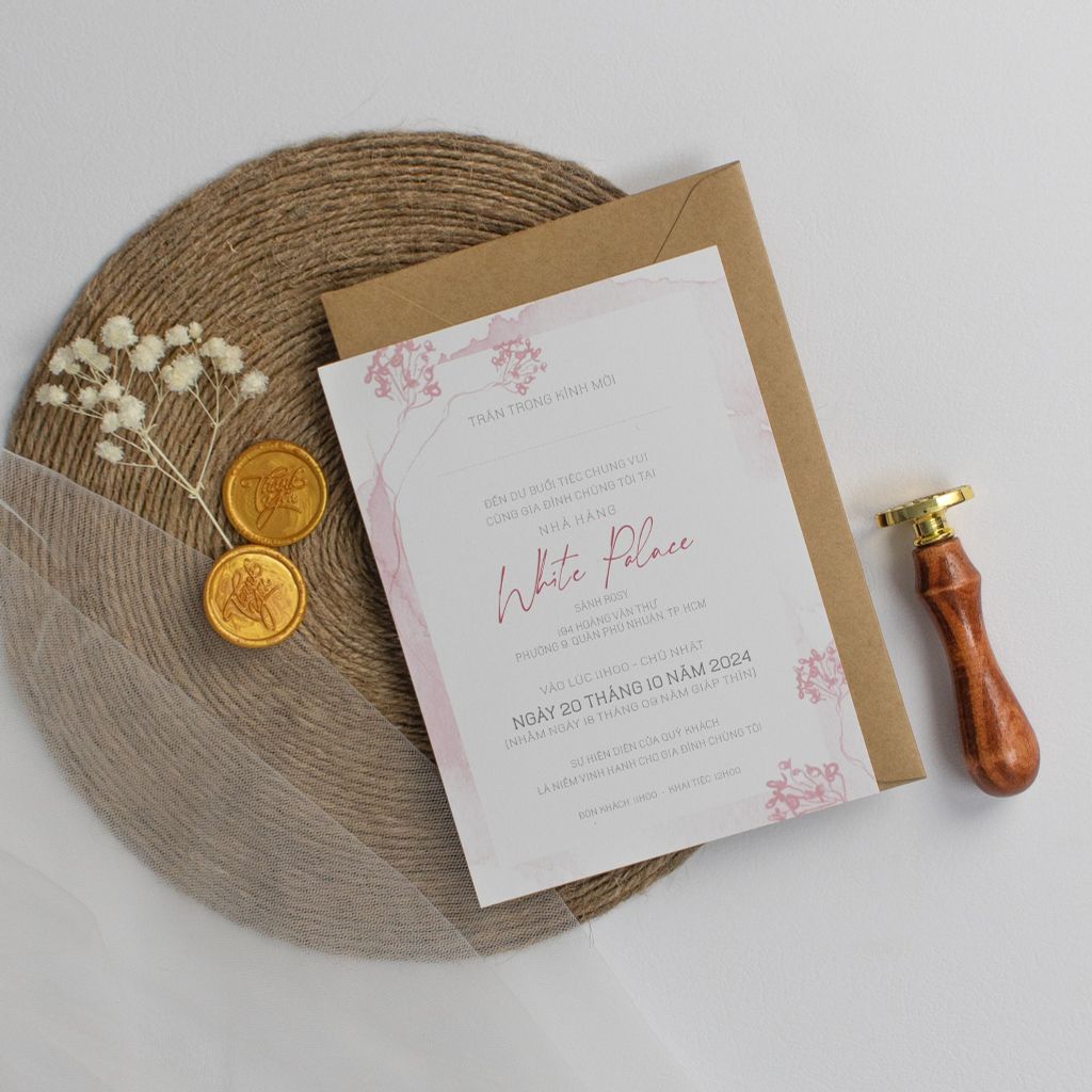 Thiệp Cưới Giấy Kraft Rustic Chạm Nhẹ Sắc Hồng - TL-C002