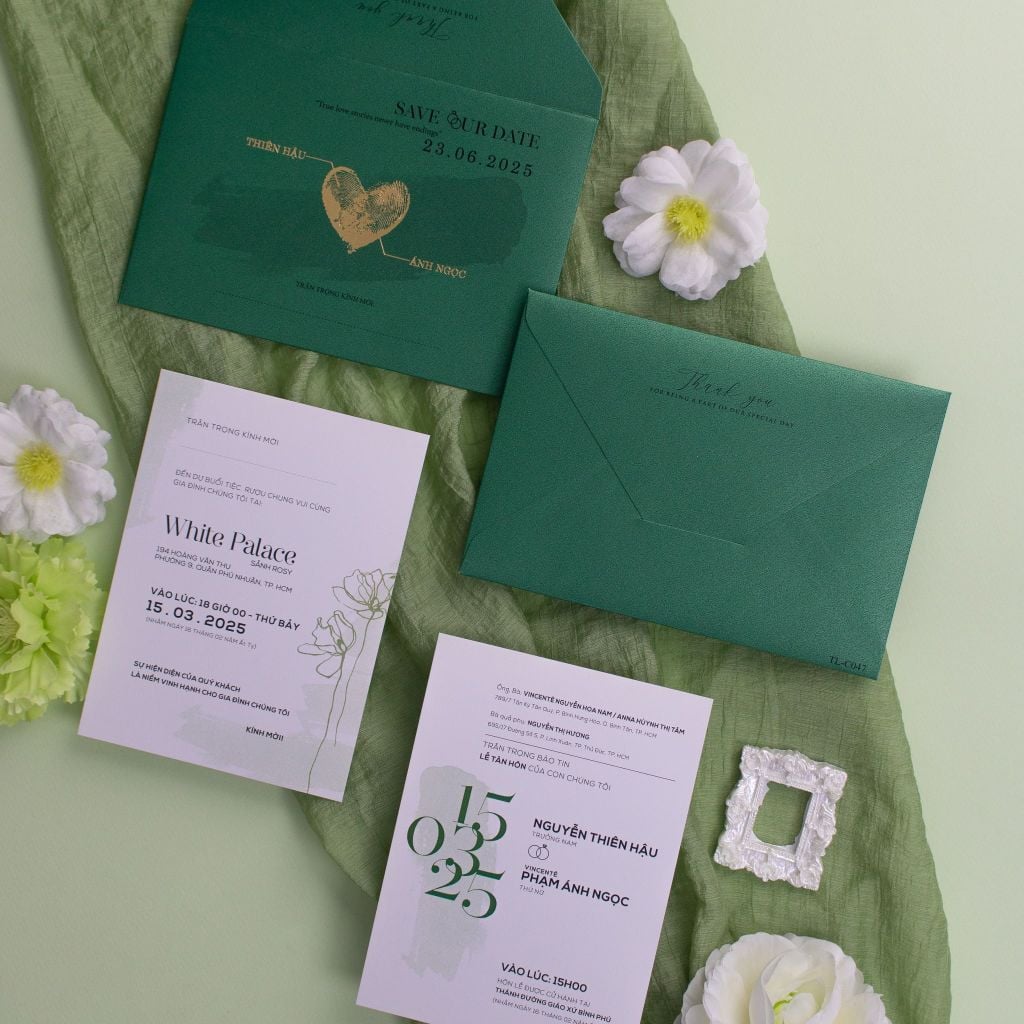 Thiệp Cưới Emerald Green Dấu Ấn Vân Tay Ép Kim Gắn Kết Vĩnh Cửu - TL-C047