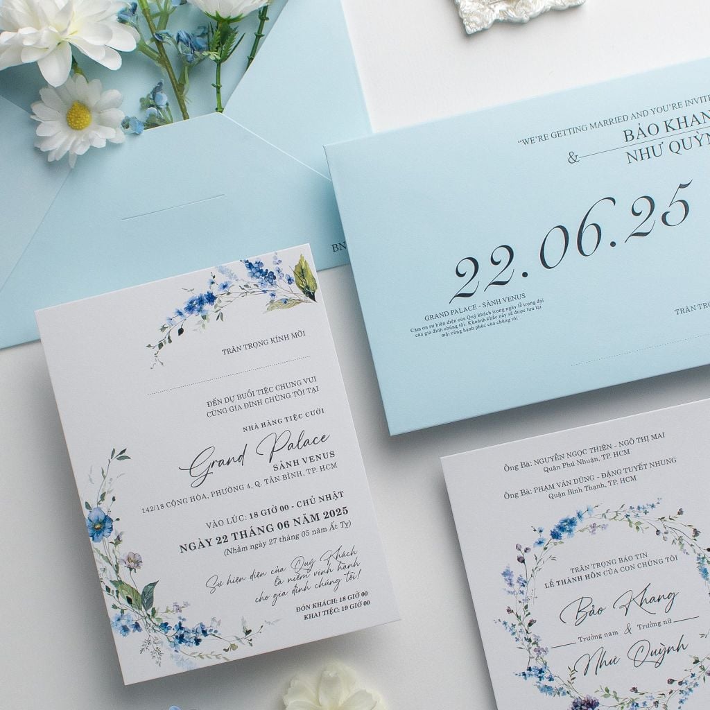 Thiệp cưới hoa cỏ tone xanh Pastel dịu mát - BN-A018