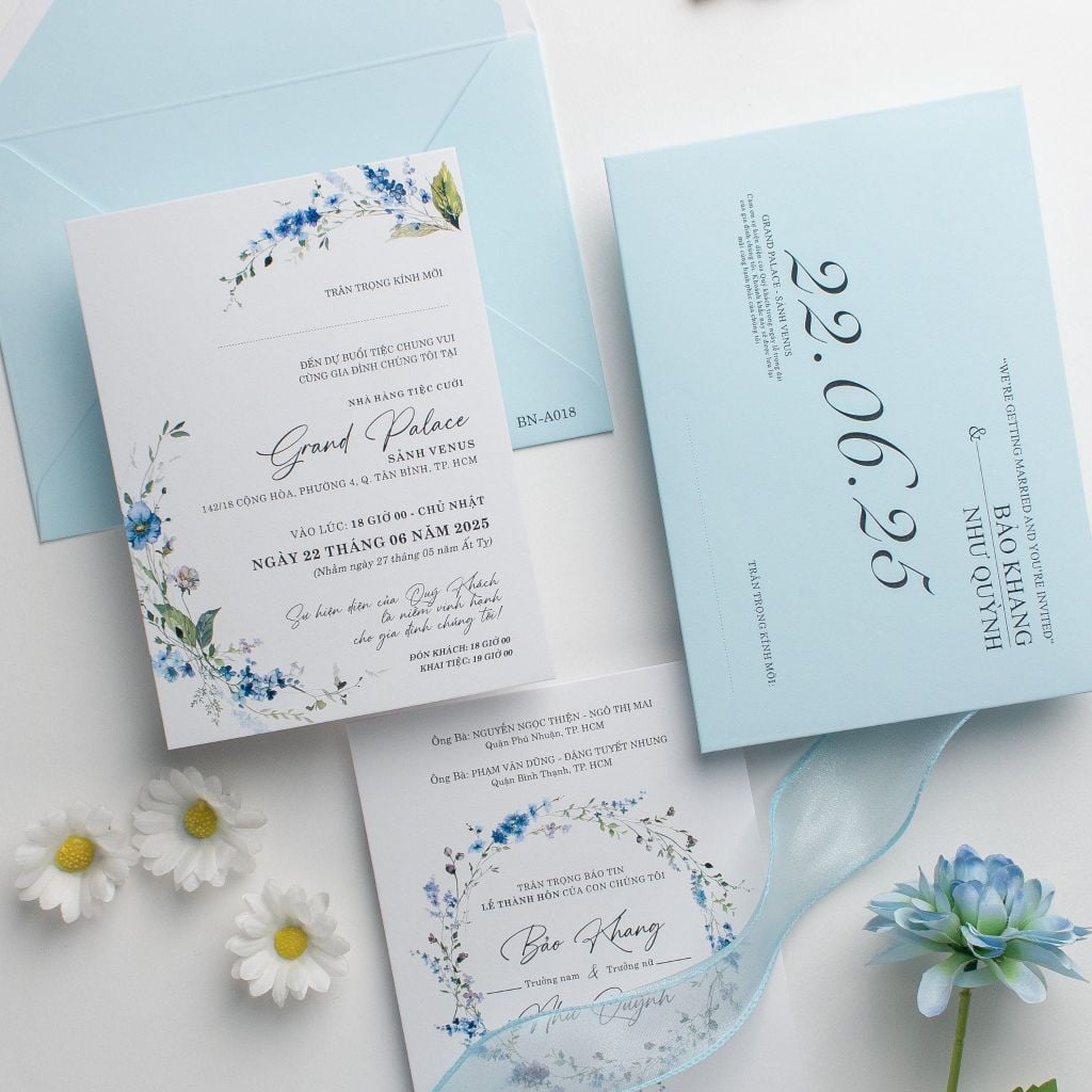 Thiệp cưới hoa cỏ tone xanh Pastel dịu mát - BN-A018