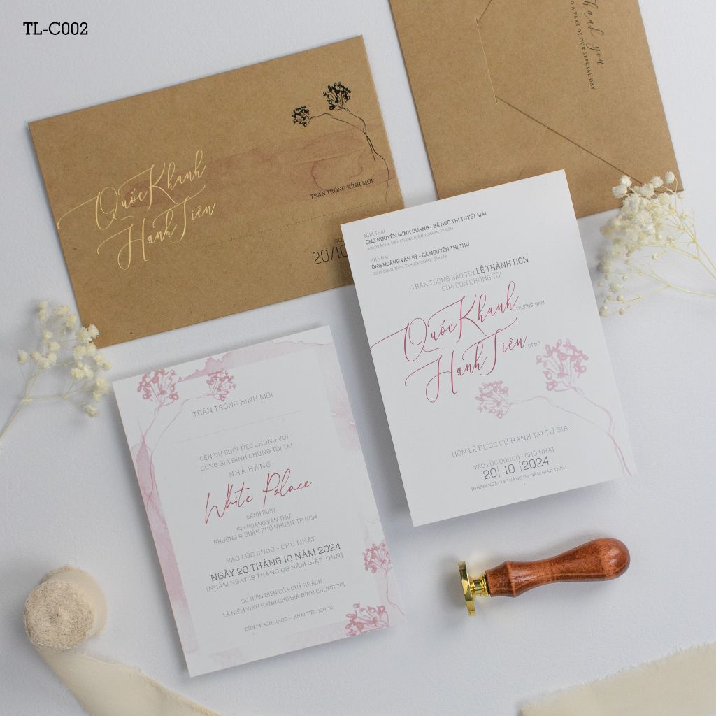 Thiệp Cưới Giấy Kraft Rustic Chạm Nhẹ Sắc Hồng - TL-C002