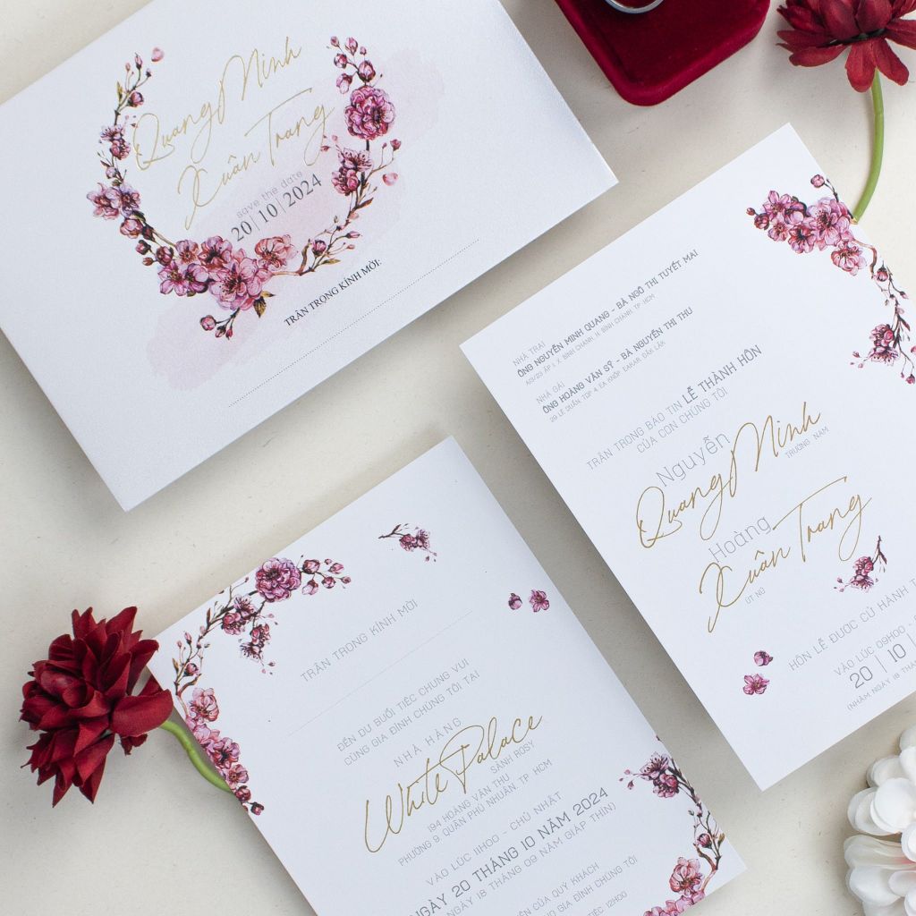 Thiệp Cưới Vòng Hoa Anh Đào Ép Kim Sang Trọng - TL-C019