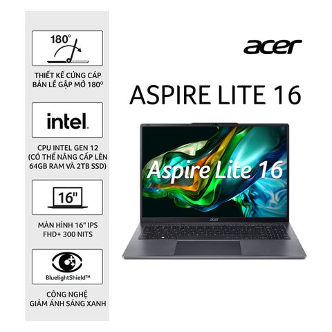  Laptop Acer Aspire Lite AL16-51P-596H (NX.KWZSV.002) (i5 1235U/8GB/512GB SSD/16 inch WUXGA/Win 11/Xám/BẢO HÀNH 12 THÁNG) 