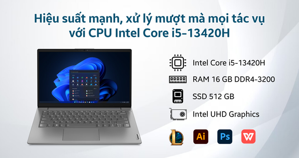  Laptop Lenovo V14 G4 IRU 83A000FNVN (i5 13420H/16GB/512GB SSD/14 inch/Xám/BẢO HÀNH 12 THÁNG) KM: Túi laptop, Chuột KD, Di chuột, Bộ vệ sinh mt. Khi mua phụ kiện đi kèm giảm giá 10% 