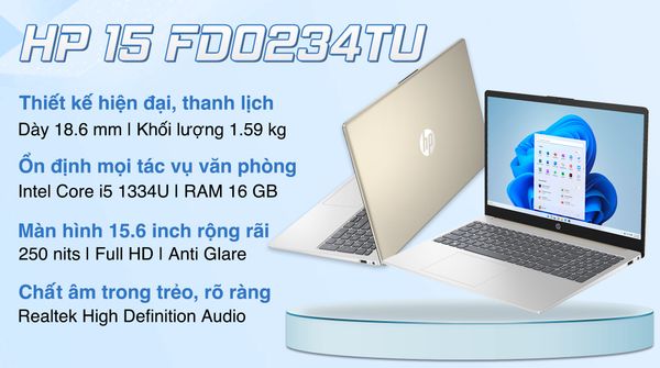  Laptop HP 15 fd0234TU (i5 1334U/16GB/512GB SSD/15.6 inch/Win 11/BẢO HÀNH 12 THÁNG) KM: Túi laptop, Chuột KD, Di chuột, Bộ vệ sinh mt. Khi mua phụ kiện đi kèm giảm giá 10%) 