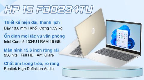  Laptop HP 15 fd0234TU (i5 1334U/16GB/512GB SSD/15.6 inch/Win 11/BẢO HÀNH 12 THÁNG) KM: Túi laptop, Chuột KD, Di chuột, Bộ vệ sinh mt. Khi mua phụ kiện đi kèm giảm giá 10%) 