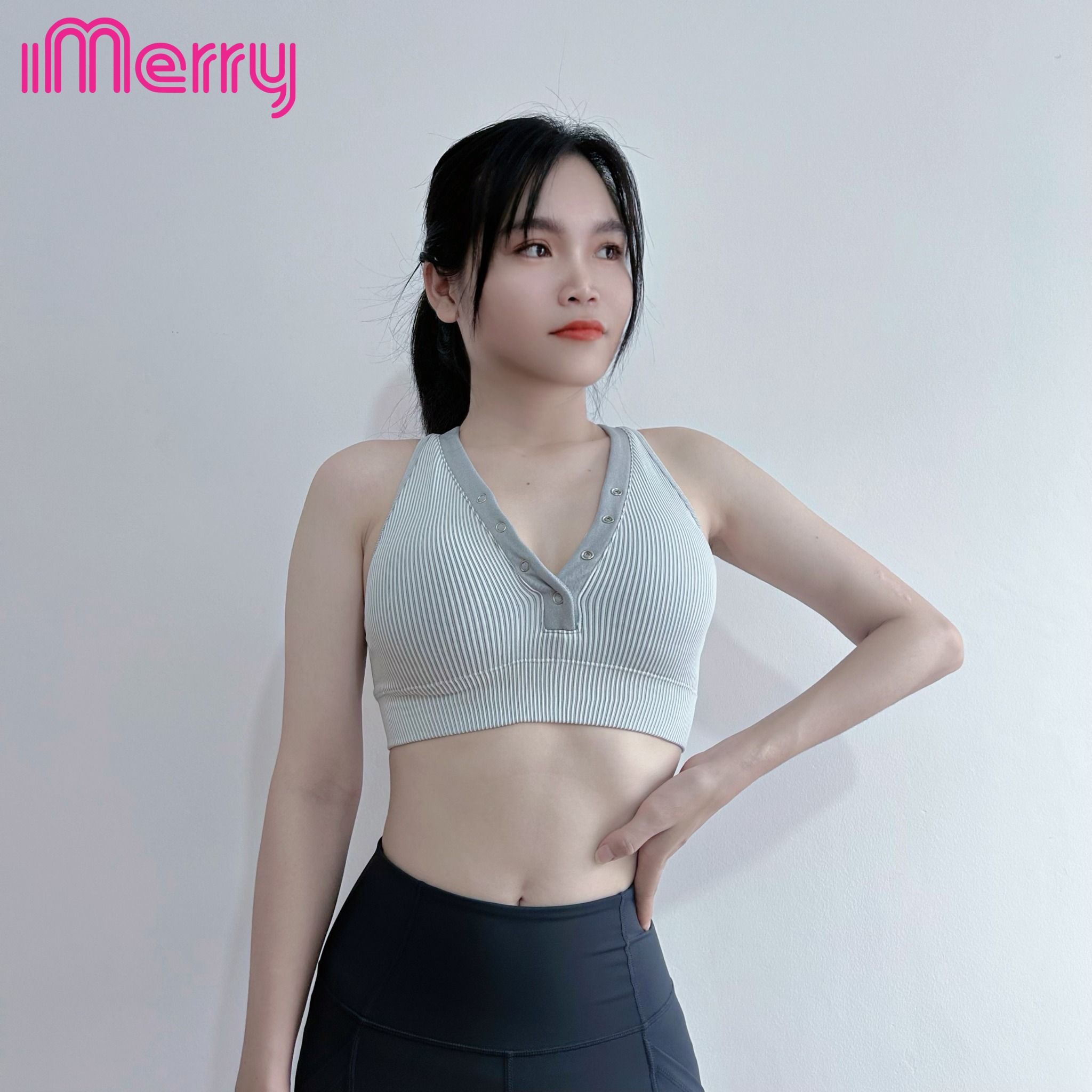 Áo thể thao tập gym sọc trắng - ghi, khuy cài áo 2626 
