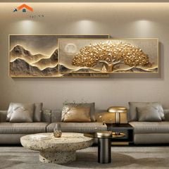 Tranh Treo Tường Bộ 2 Tấm Cây Tài Lộc Vàng 3D, Mặt Trăng và Núi Non Hiện Đại Trang Trí Phòng Khách