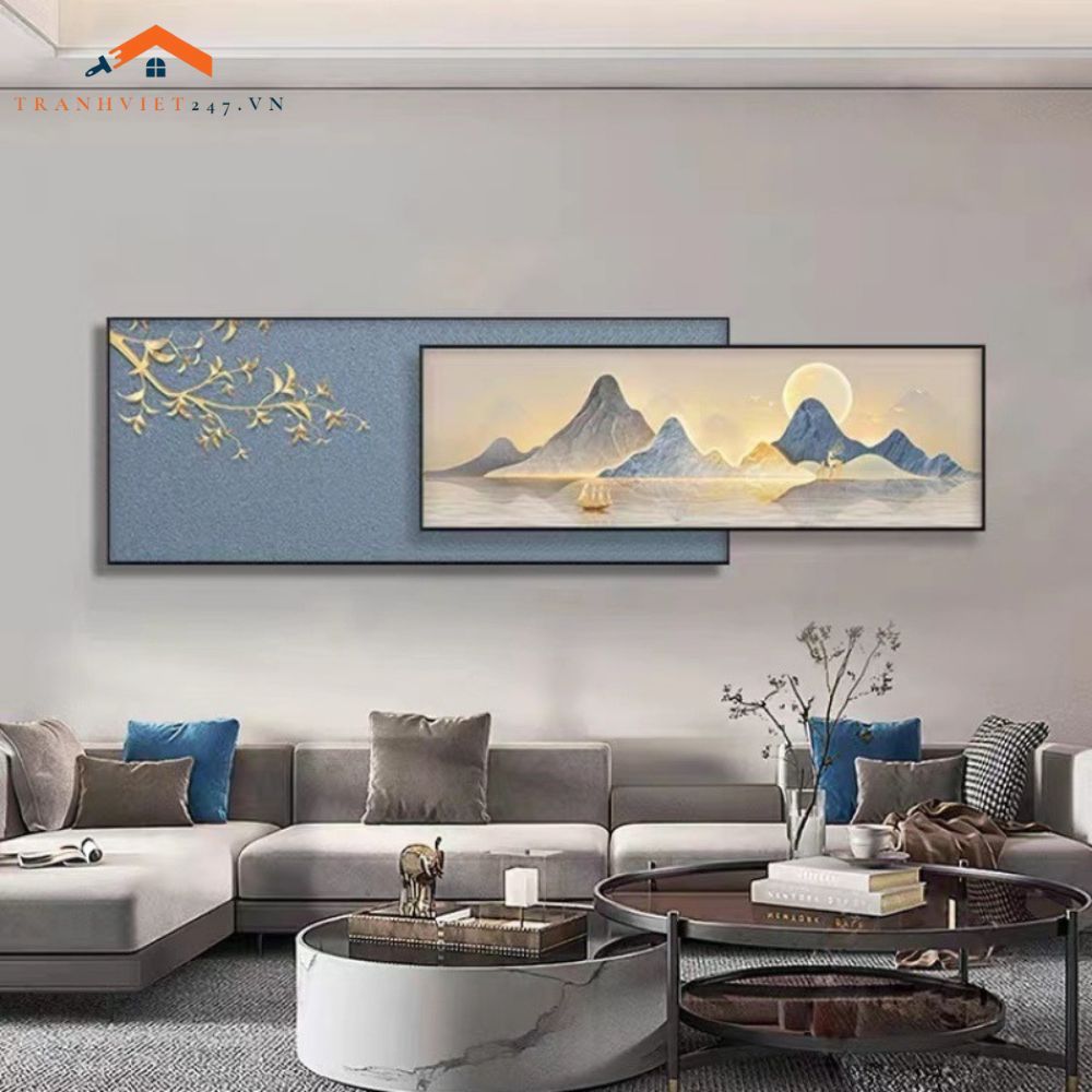 Tranh Treo Tường Bộ 2 Tấm Phong Cảnh Núi Mặt Trăng Hiện Đại