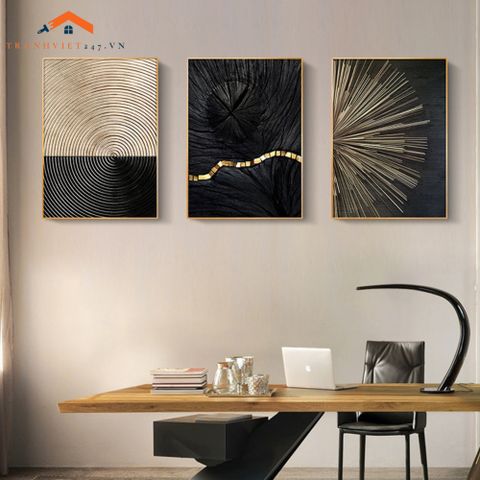 Tranh Treo Tường Trừu Tượng Vân Tròn Đồng Tâm Vàng Kim Đen Hiện Đại Tối Giản