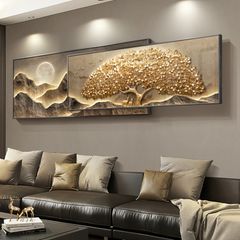 Tranh Treo Tường Bộ 2 Tấm Cây Tài Lộc Vàng 3D, Mặt Trăng và Núi Non Hiện Đại Trang Trí Phòng Khách