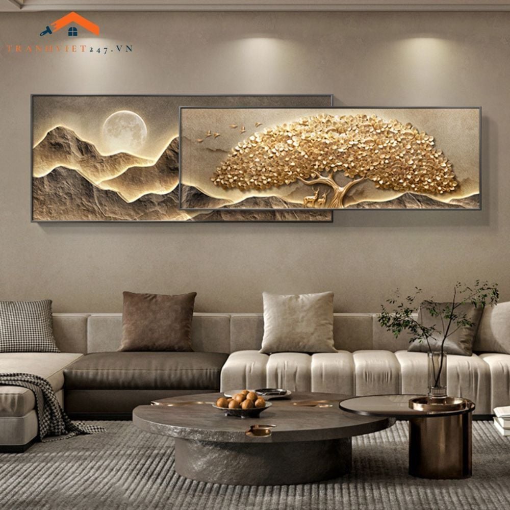 Tranh Treo Tường Bộ 2 Tấm Cây Tài Lộc Vàng 3D, Mặt Trăng và Núi Non Hiện Đại Trang Trí Phòng Khách