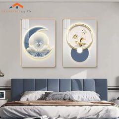 Bộ 2 Tranh Treo Tường Phòng Ngủ Hiện Đại Lông Vũ và Phụ Nữ Sang Trọng
