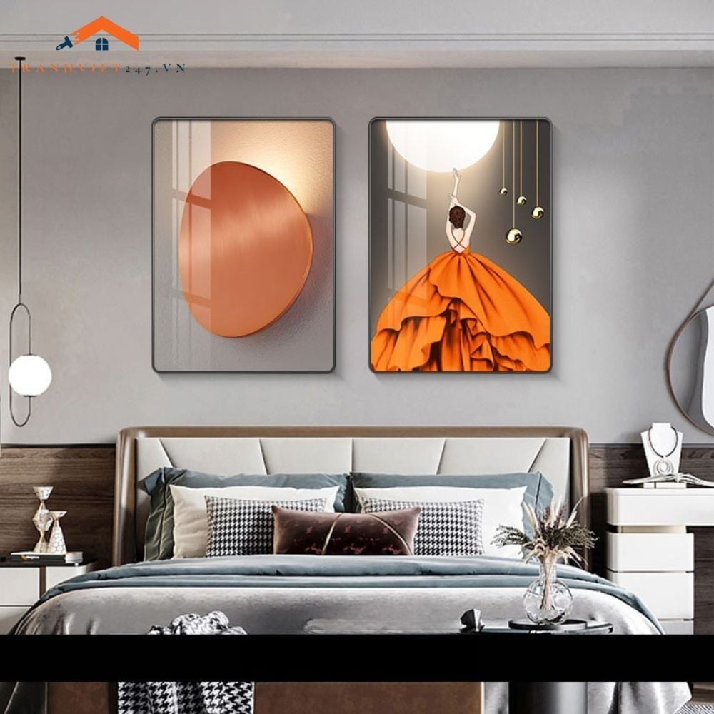 Bộ 2 Tranh Treo Tường Phòng Ngủ Hiện Đại Lông Vũ và Phụ Nữ Sang Trọng