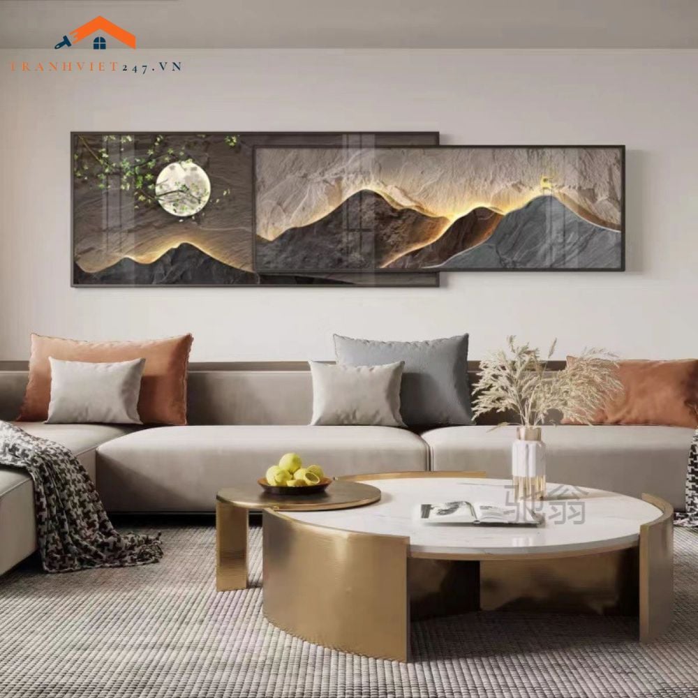 Tranh Treo Tường Bộ 2 Tấm Phong Cảnh Núi Mặt Trăng Hiện Đại