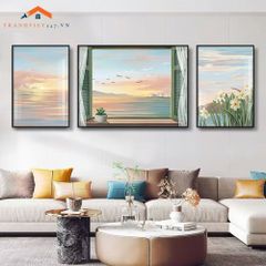 Tranh Treo Tường Phong Cảnh Biển Và Khinh Khí Cầu - Bộ 3 Tấm Phong Cách Lãng Mạn Hiện Đại