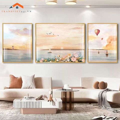 Tranh Treo Tường Phong Cảnh Biển Và Khinh Khí Cầu - Bộ 3 Tấm Phong Cách Lãng Mạn Hiện Đại