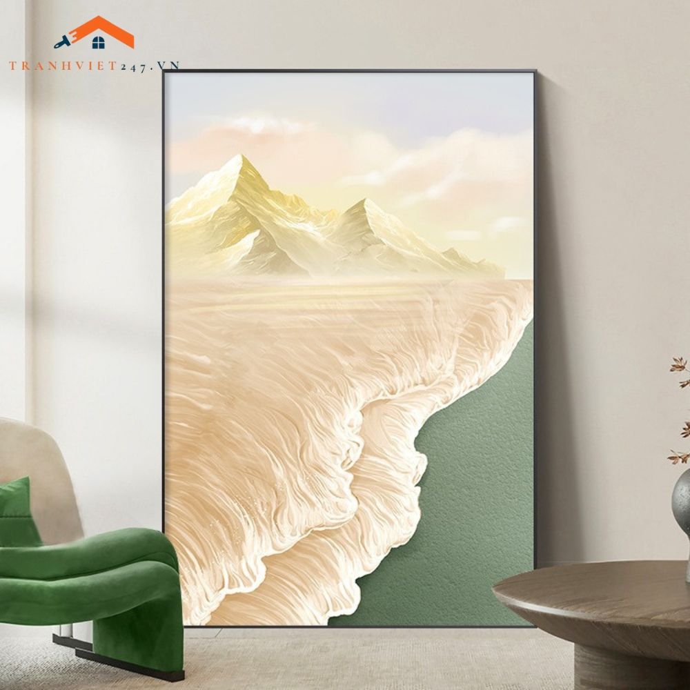 Tranh Treo Tường Trừu Tượng Bờ Biển Từ Trên Cao Sóng Nổi Trắng Xám Hiện Đại Tối Giản