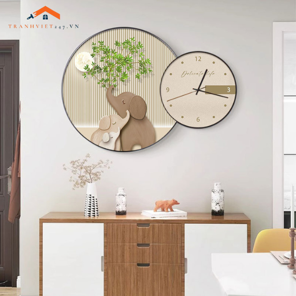 Tranh Đồng Hồ Treo Tường Voi Mẹ Con Đáng Yêu - Trang Trí Phòng Khách Hiện Đại