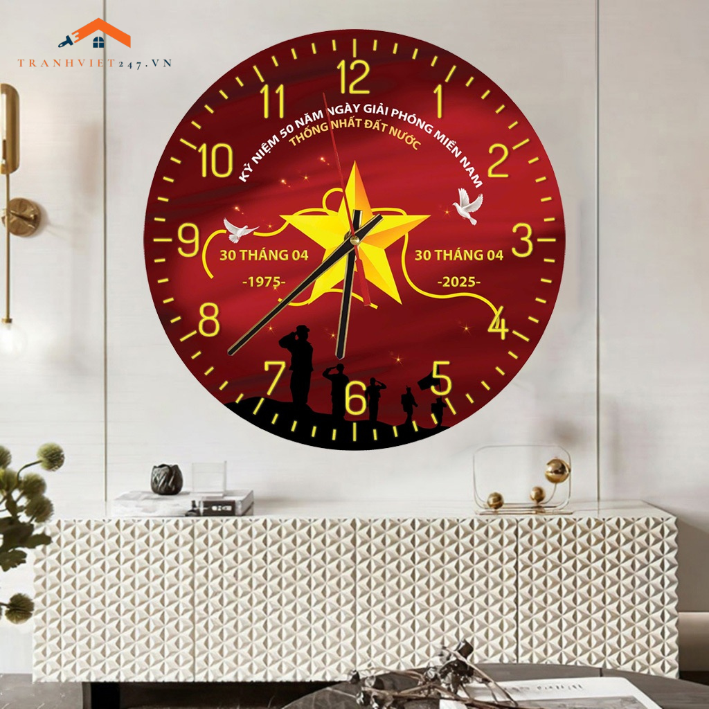 Tranh Đồng Hồ Tráng Gương kỷ niệm 50 năm giải phóng Miền Nam, tranh kèm đồng hồ kim trôi thích hợp làm quà tặng