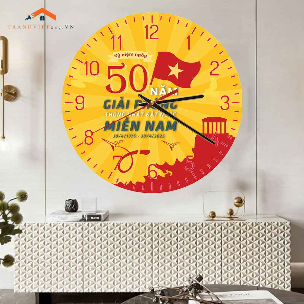 Tranh Đồng Hồ Tráng Gương kỷ niệm 50 năm giải phóng Miền Nam, tranh kèm đồng hồ kim trôi thích hợp làm quà tặng