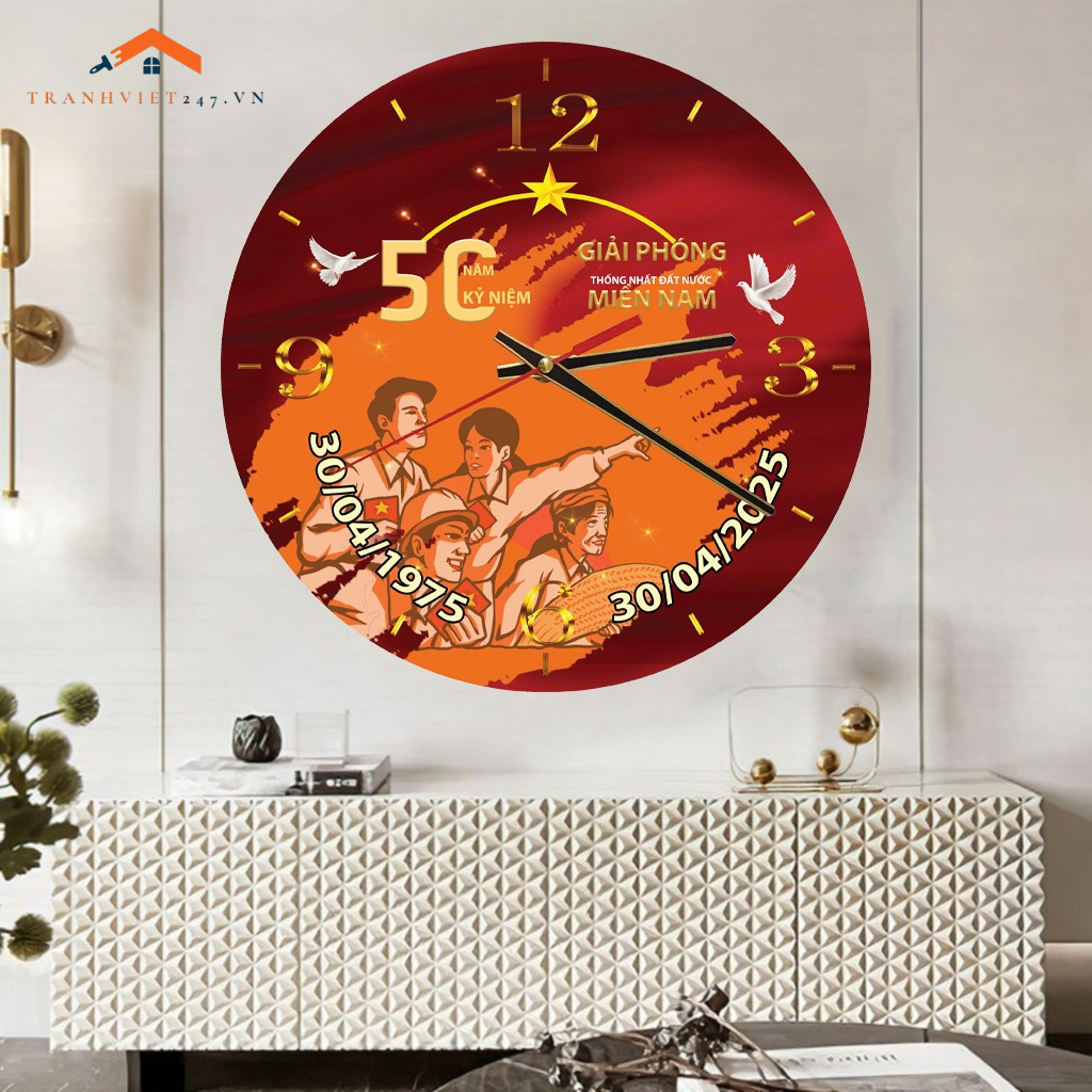 Tranh Đồng Hồ Tráng Gương kỷ niệm 50 năm giải phóng Miền Nam, tranh kèm đồng hồ kim trôi thích hợp làm quà tặng