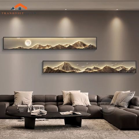 Tranh Treo Tường Bộ 2 Tấm Phong Cảnh Núi Mặt Trăng Chim Hươu Giả Led Trang Trí Phòng Khách