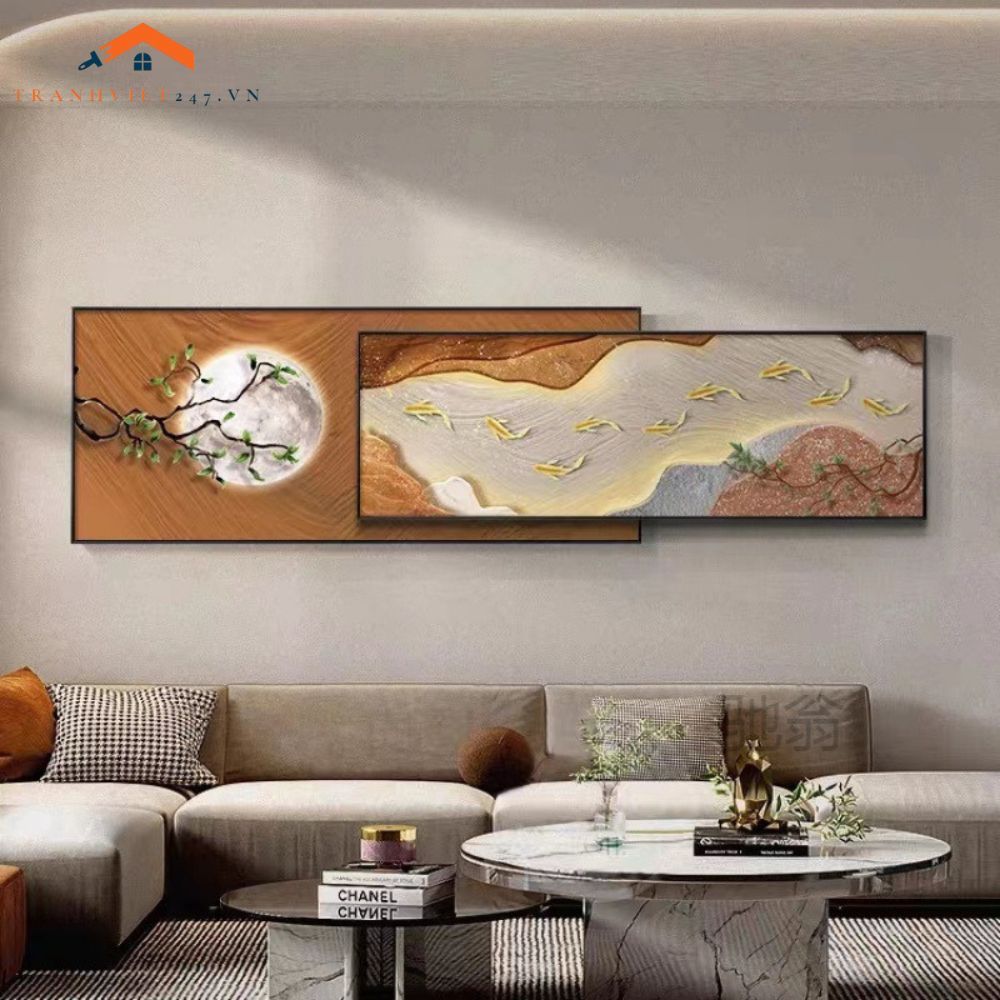 Tranh Treo Tường Bộ 2 Tấm Phong Cảnh Núi Mặt Trăng Hiện Đại