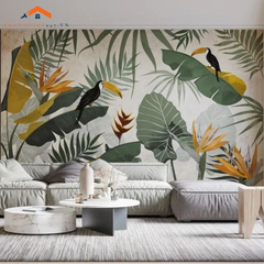 Tranh Dán Tường 3D Phong Cảnh Rừng Nhiệt Đới Và Chim Toucan - Tranh Trang Trí Decor