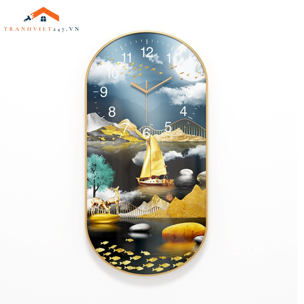 Đồng Hồ Treo Tường Oval Hươu Vàng Tài Lộc -Tranh Phong Cảnh Hiện Đại