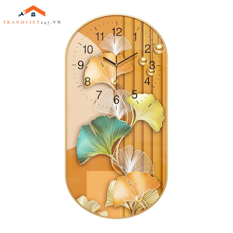 Đồng Hồ Oval Trang Trí Tường Lá Bạch Quả Vàng Tone Ấm - Decor Trang Trí Nhà