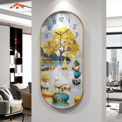 Đồng Hồ Treo Tường Oval Hươu Vàng Tài Lộc -Tranh Phong Cảnh Hiện Đại