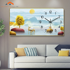 Tranh  Đồng Hồ Treo Tường Chữ Nhật Phong Cảnh Hươu Phú Quý Hiện Đại