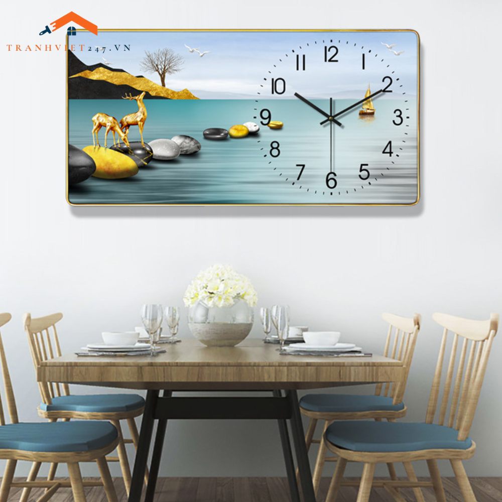 Tranh  Đồng Hồ Treo Tường Chữ Nhật Phong Cảnh Hươu Phú Quý Hiện Đại