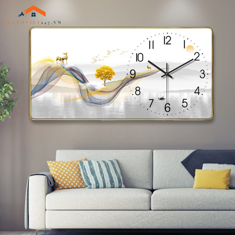 Tranh  Đồng Hồ Treo Tường Chữ Nhật Phong Cảnh Hươu Phú Quý Hiện Đại