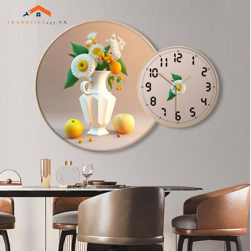Đồng Hồ Treo Tường Nghệ Thuật Hình Bình Hoa và Trái Cây - Trang Trí Phòng Ăn Tinh Tế