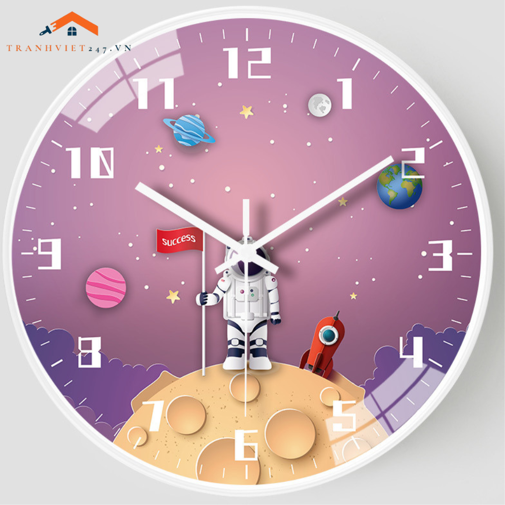 Đồng Hồ Treo Tường Tròn Vũ Trụ Phi Hành Gia Tên Lửa Trang Trí Phòng Bé - Trang Trí Phòng Ngủ