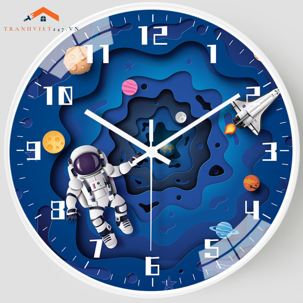 Đồng Hồ Treo Tường Tròn Vũ Trụ Phi Hành Gia Tên Lửa Trang Trí Phòng Bé - Trang Trí Phòng Ngủ