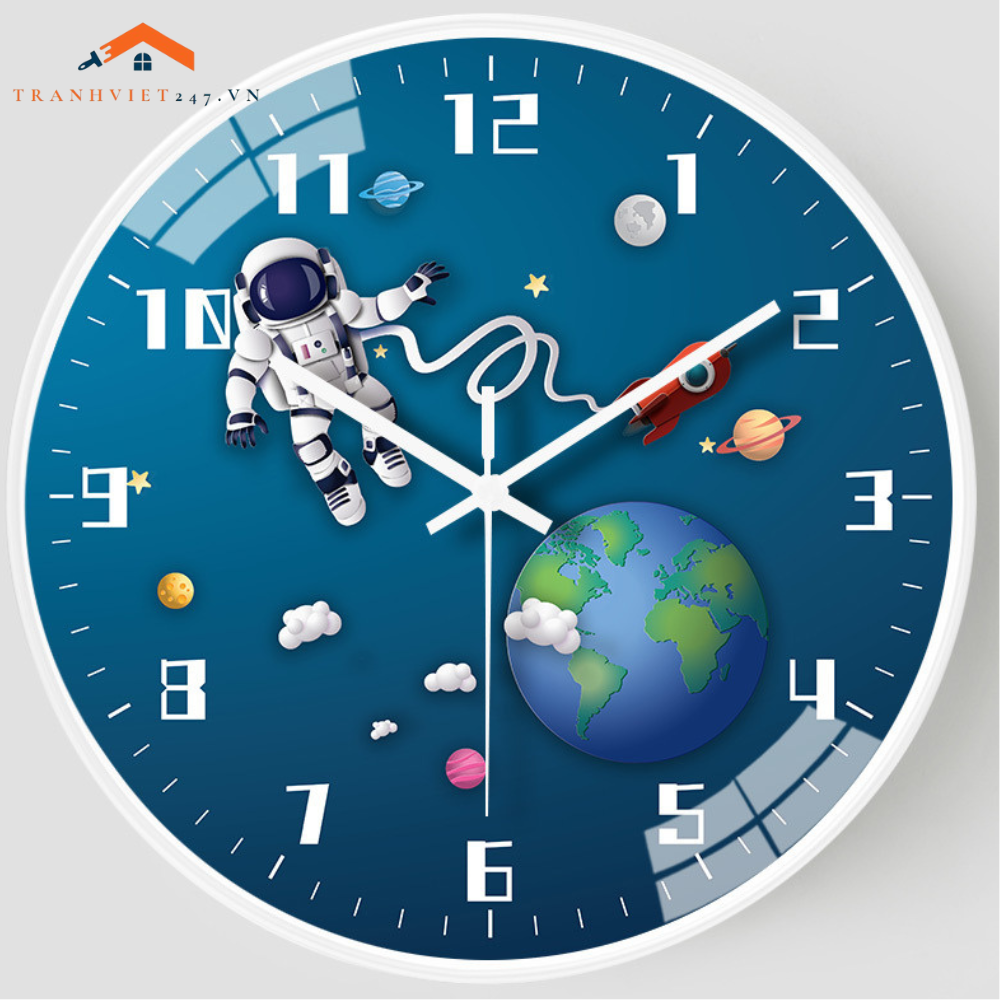 Đồng Hồ Treo Tường Tròn Vũ Trụ Phi Hành Gia Tên Lửa Trang Trí Phòng Bé - Trang Trí Phòng Ngủ