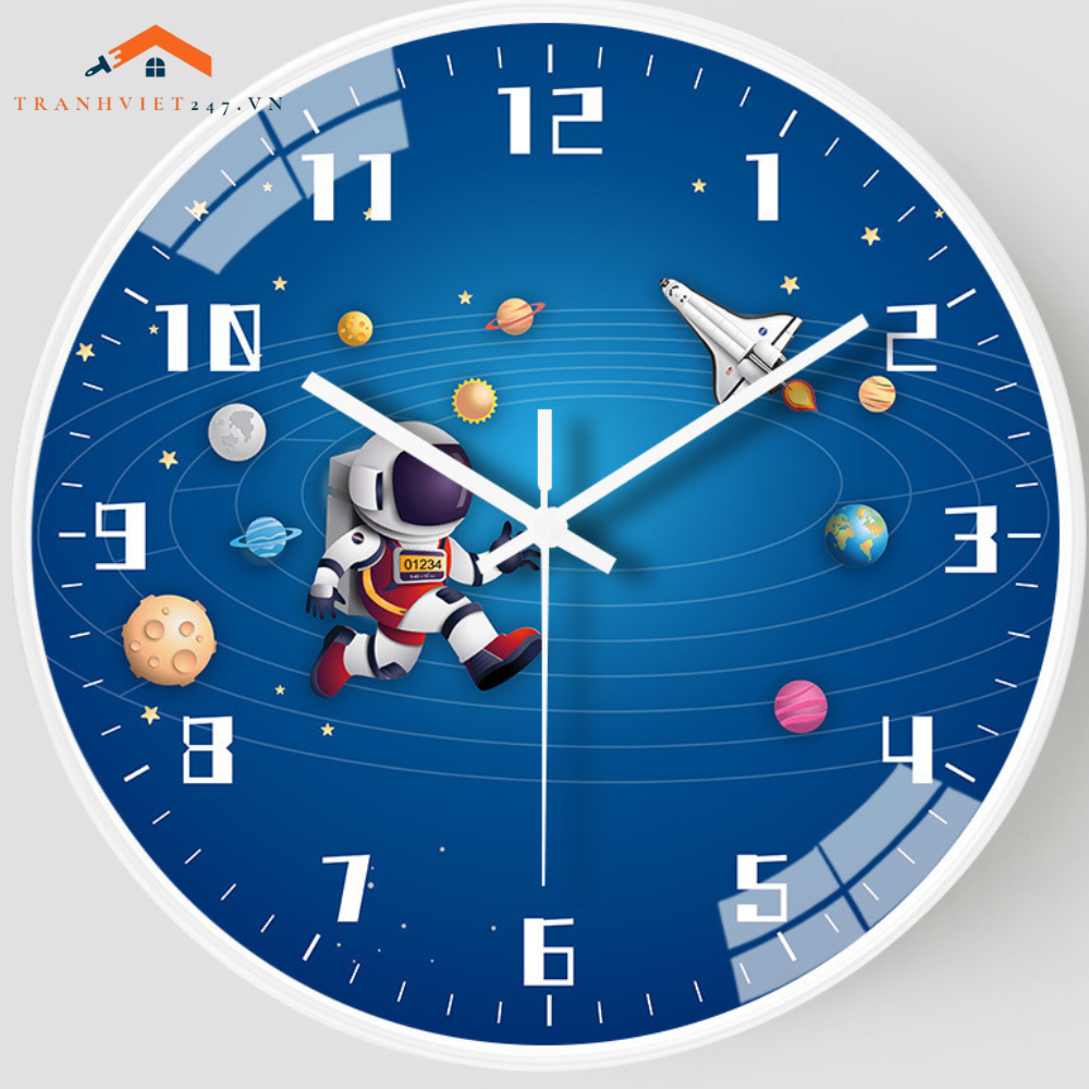 Đồng Hồ Treo Tường Tròn Vũ Trụ Phi Hành Gia Tên Lửa Trang Trí Phòng Bé - Trang Trí Phòng Ngủ