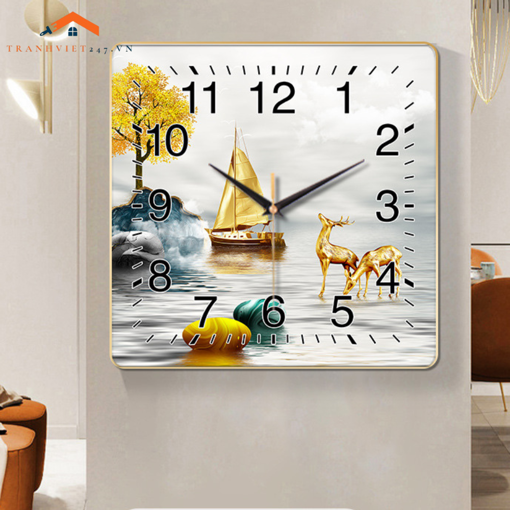 Tranh Đồng Hồ Vuông Treo Tường Hươu Vàng Phú Quý - Thu Hút May Mắn Tài Lộc